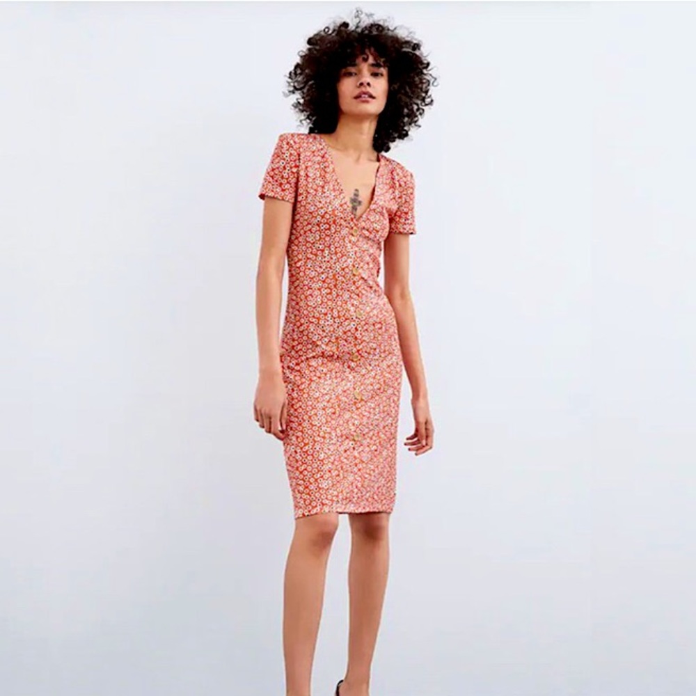 Zara floral print midi bodycon dress red/orange